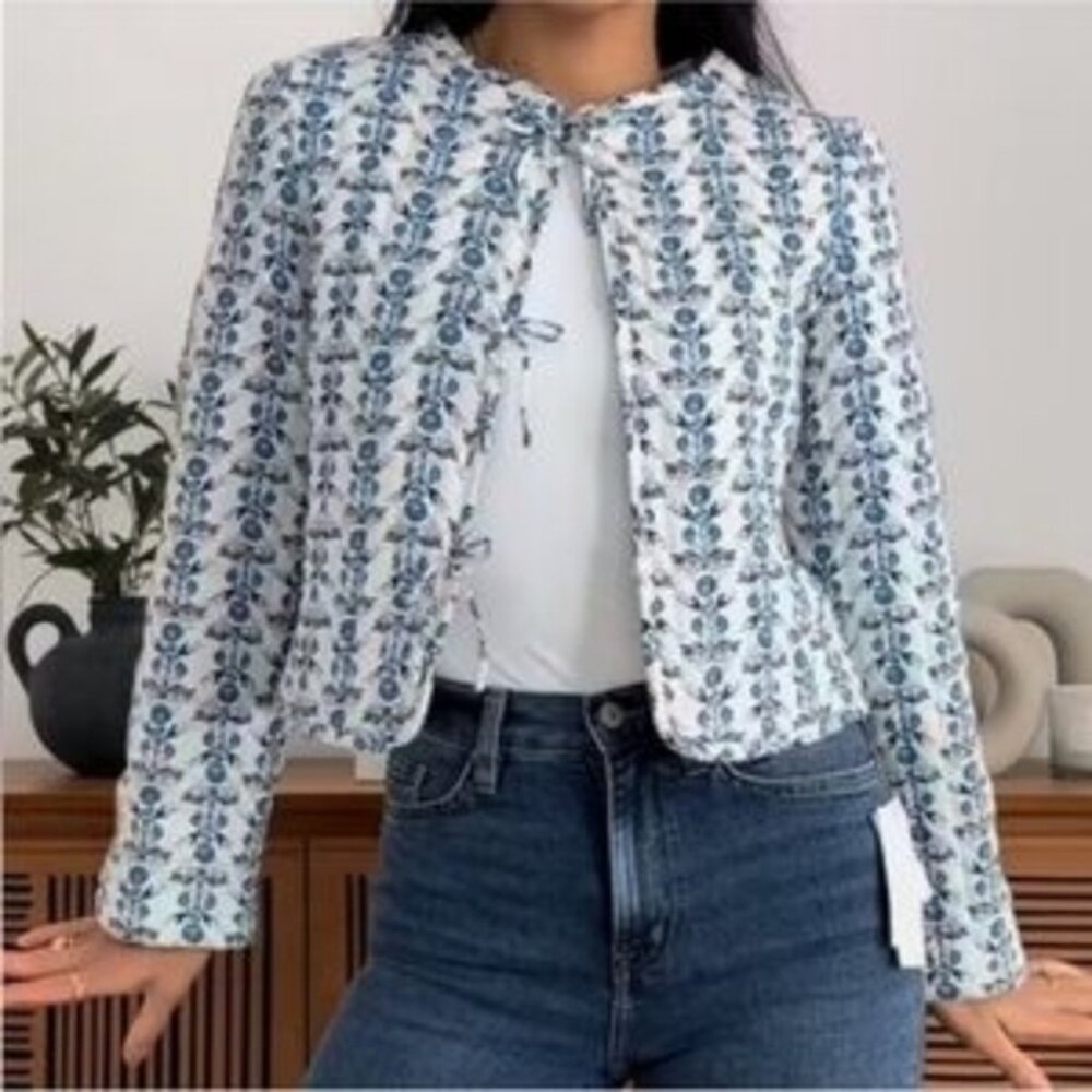 House Of Harlow Floral Blue and White Women's Jacket Size L New No Tags